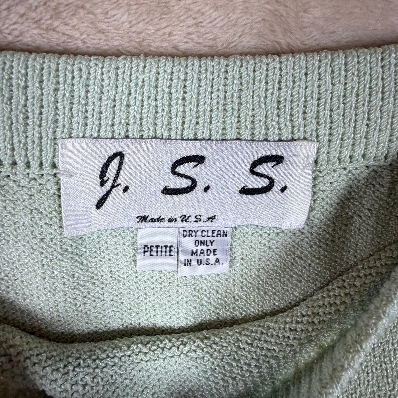 J.S.S. Vintage Mint Green Wool Blend Knit Skirt Set Petite Made in USA Cardigan