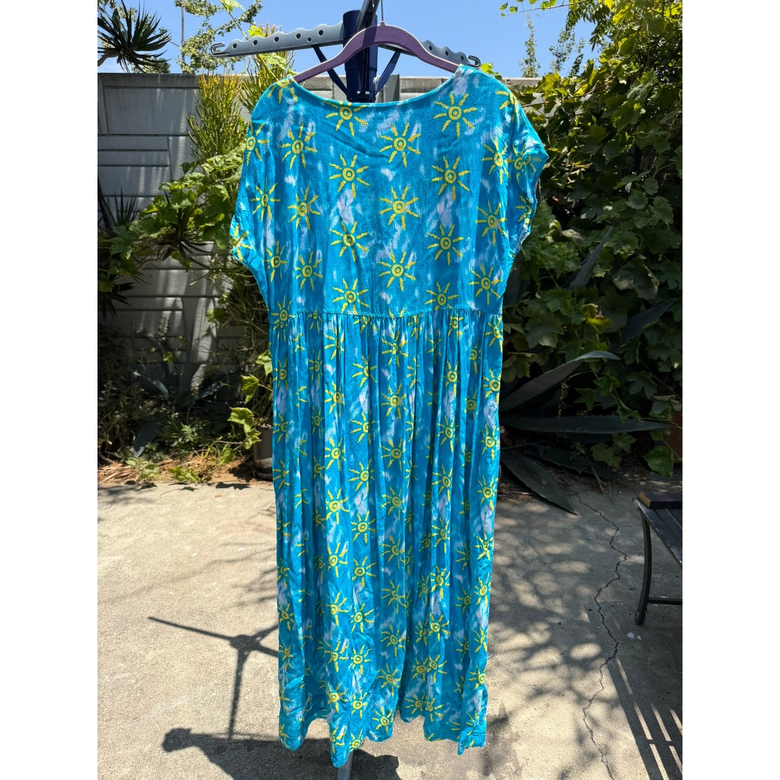Vintage 90s House Dress Medium Blue Yellow Sunburts Jennifer Moore