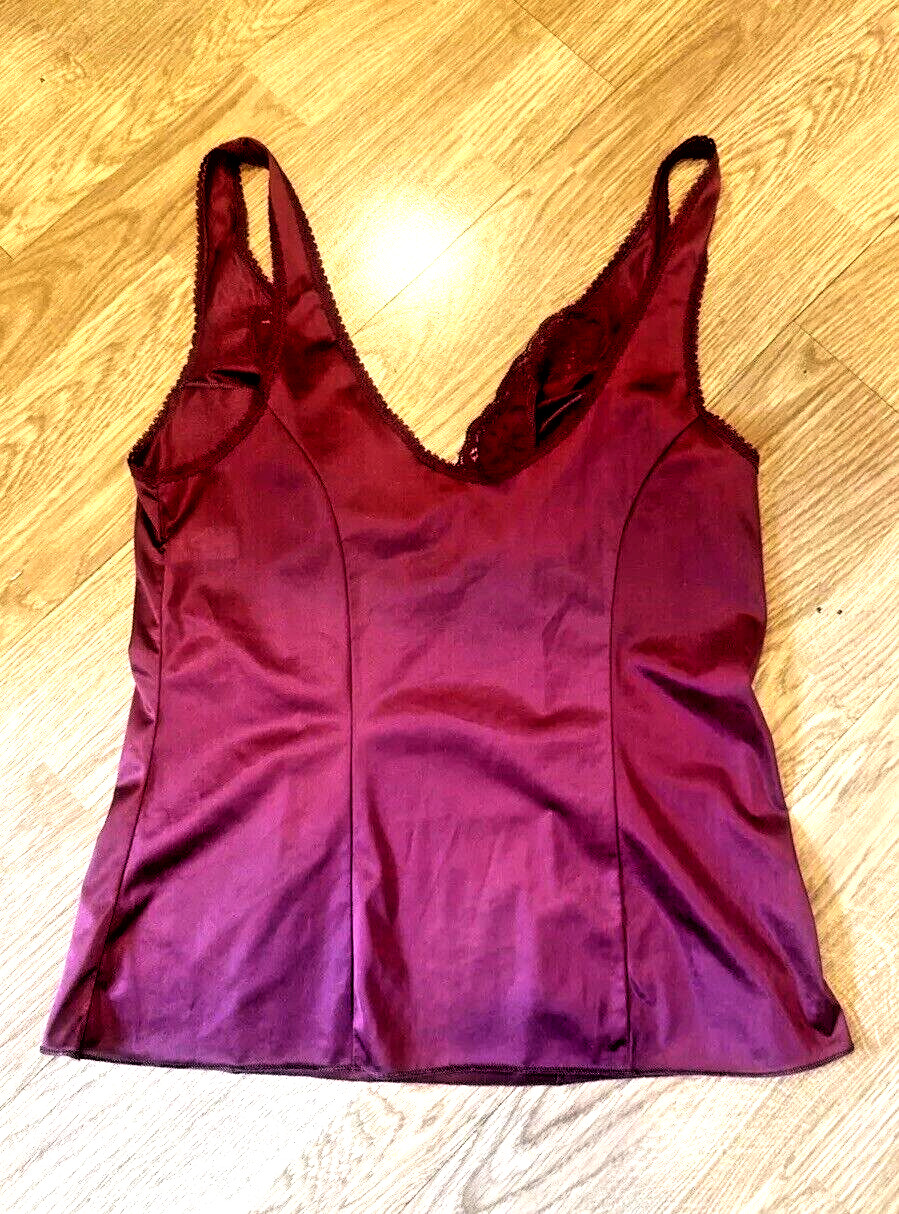 Vintage Cami Vassarette Burgundy 36 Lace trim V Neck 36 x 23 USA