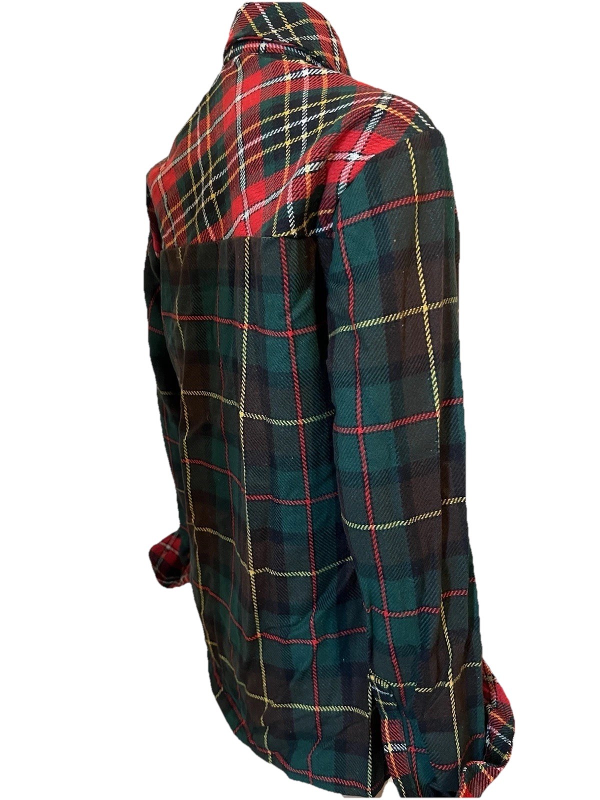 Vintage 1970s Green/Red Tartan Plaid Wool Blouse Women’s L Wide Collar Pockets