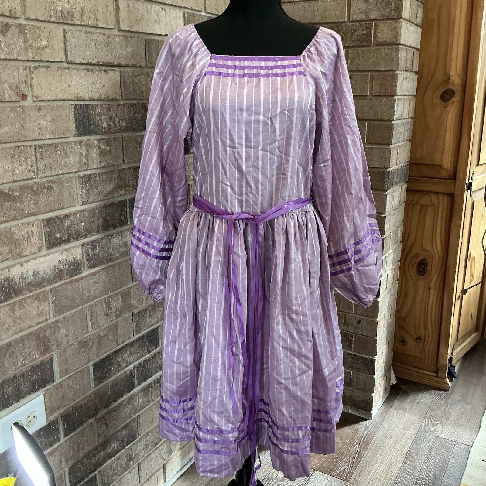 VINTAGE Love Prairie Dress Womens 16.5 Purple Striped USA Made Cottagecore #42C3