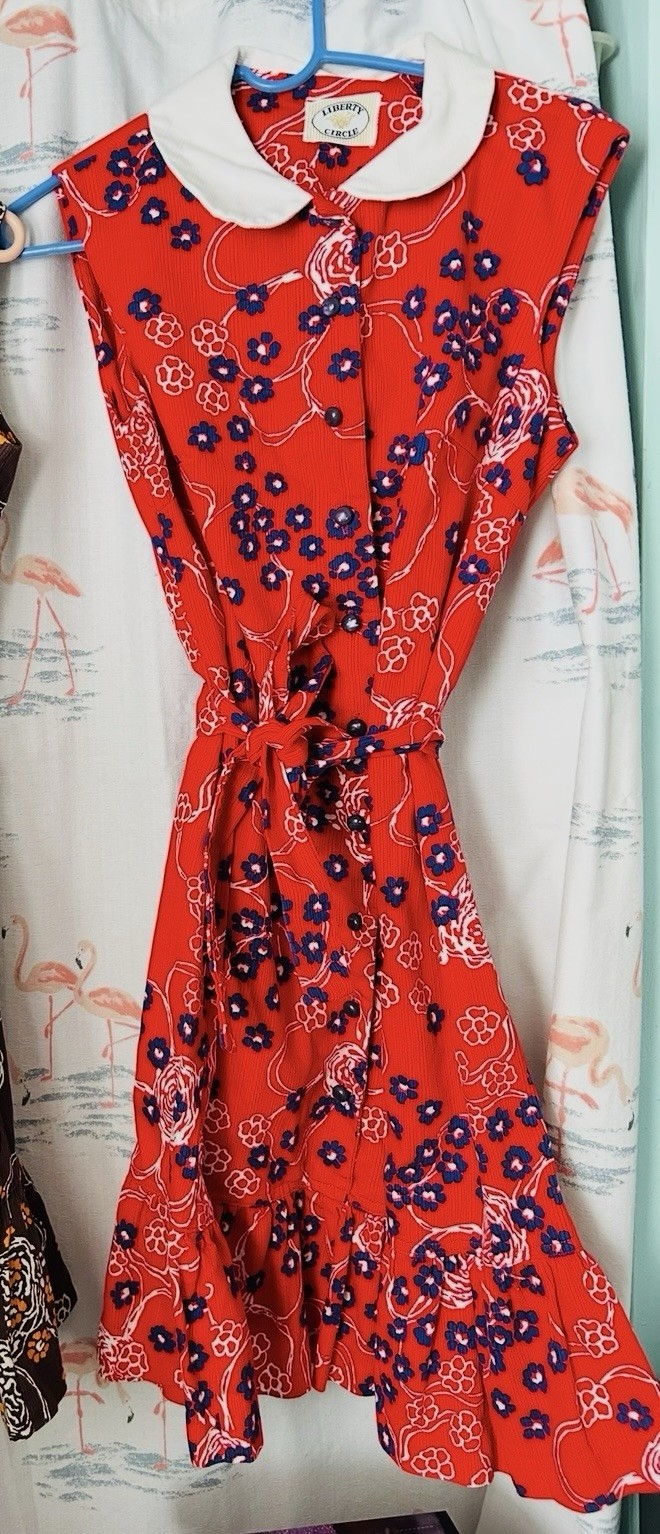 Vintage 60s Liberty Circle Red and Blue Floral Button Up Dress & Matching Belt