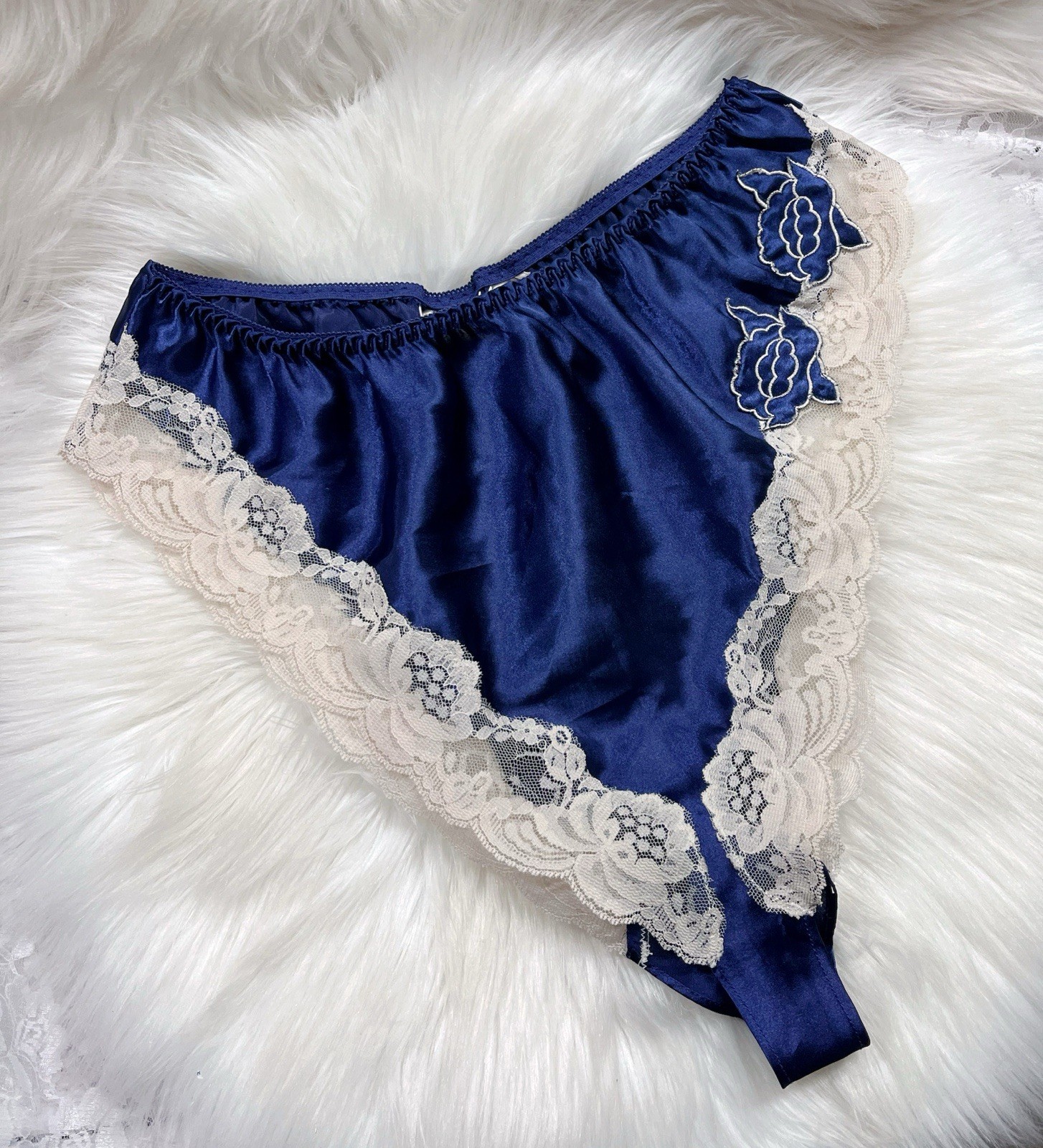 Vintage 80s Victorias Secret Satin Silky Lace Soft High Cut Dark Blue Panties M