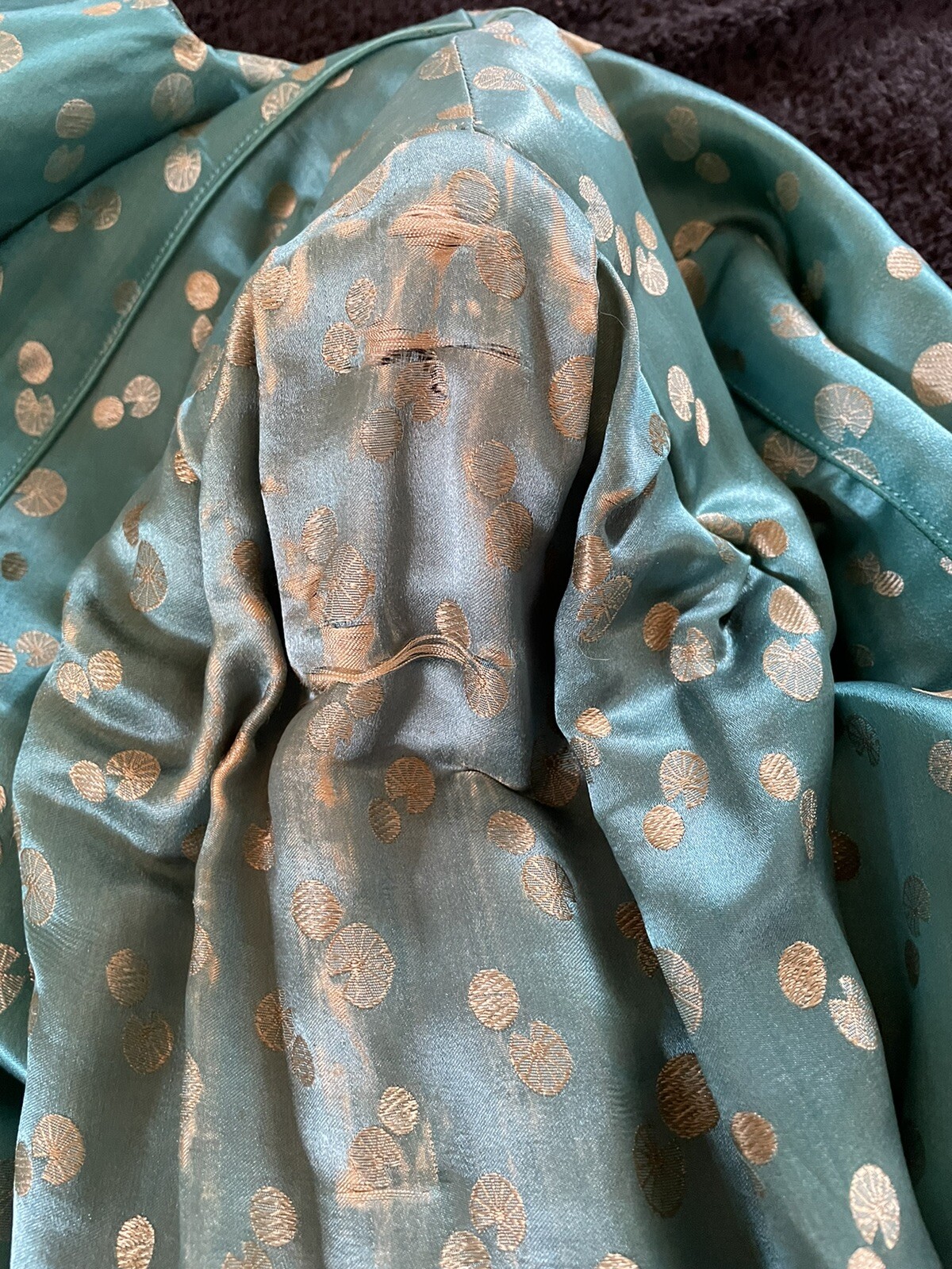Vintage 1930s Turquoise and Gold Long Silk Jacket with Fancy Closure Size L