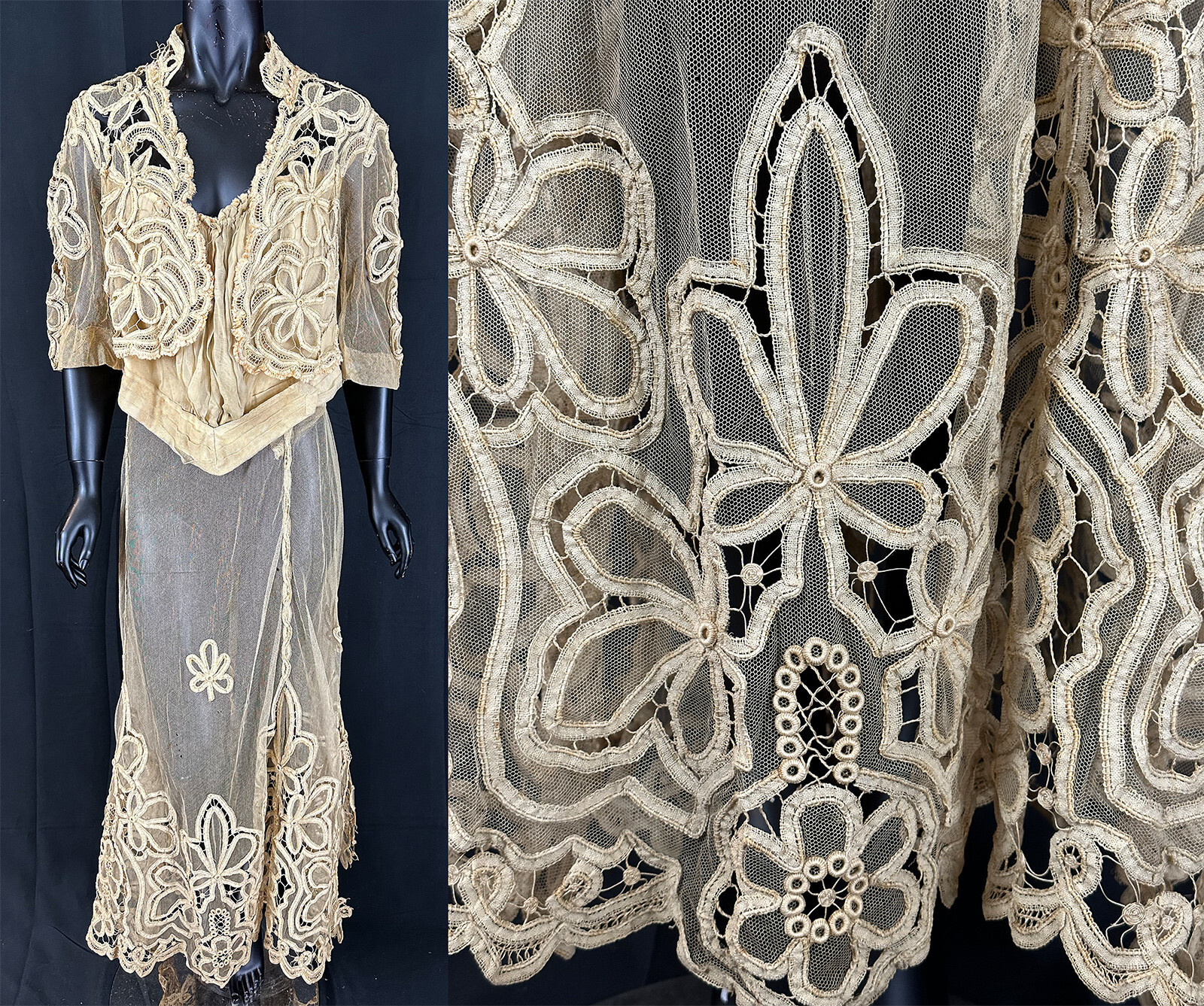 Victorian Antique Ivory Cream Battenburg Bobbin Tape Lace Net Bodice Skirt Dress