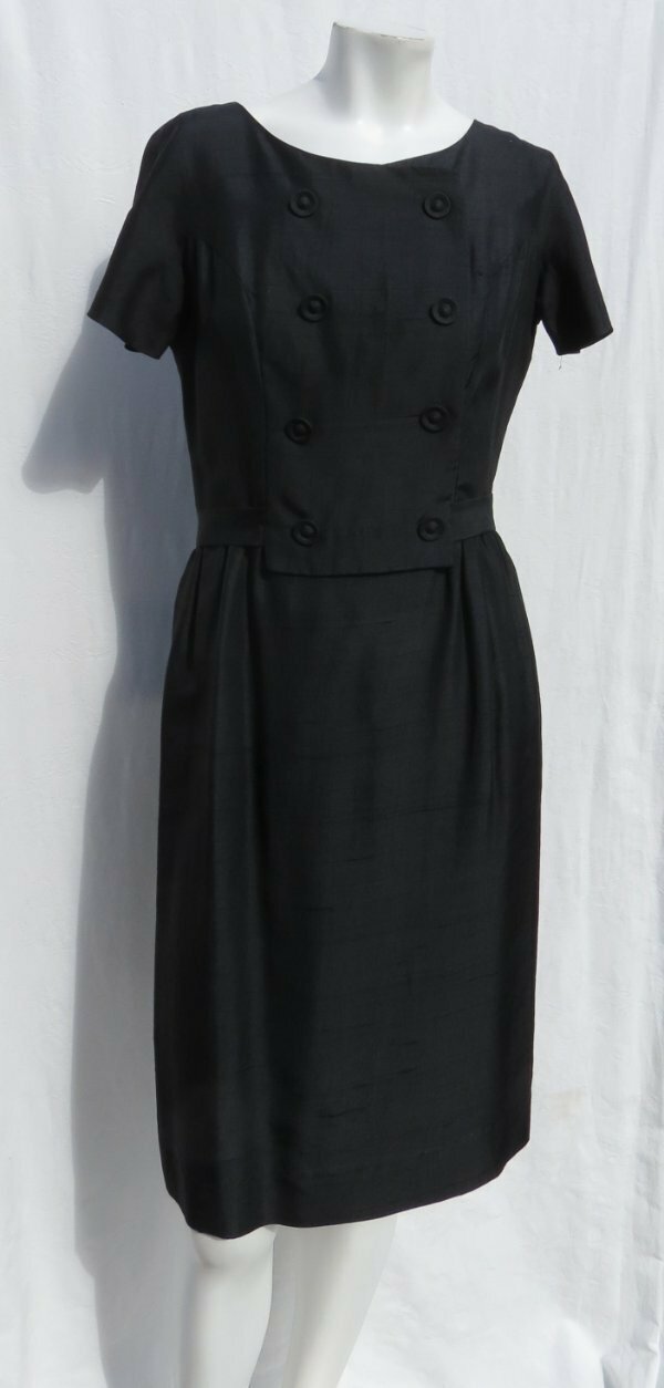 Vtg 50s STANTON Jrs Black Silk Double Breasted S/S Dress USA S 4 6 Tag 13