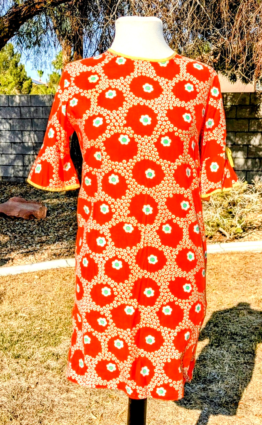 Vintage Custom Handmade Floral Coral Petite XS Mod 3/4 Sleeve Mini Zip Dress GUC
