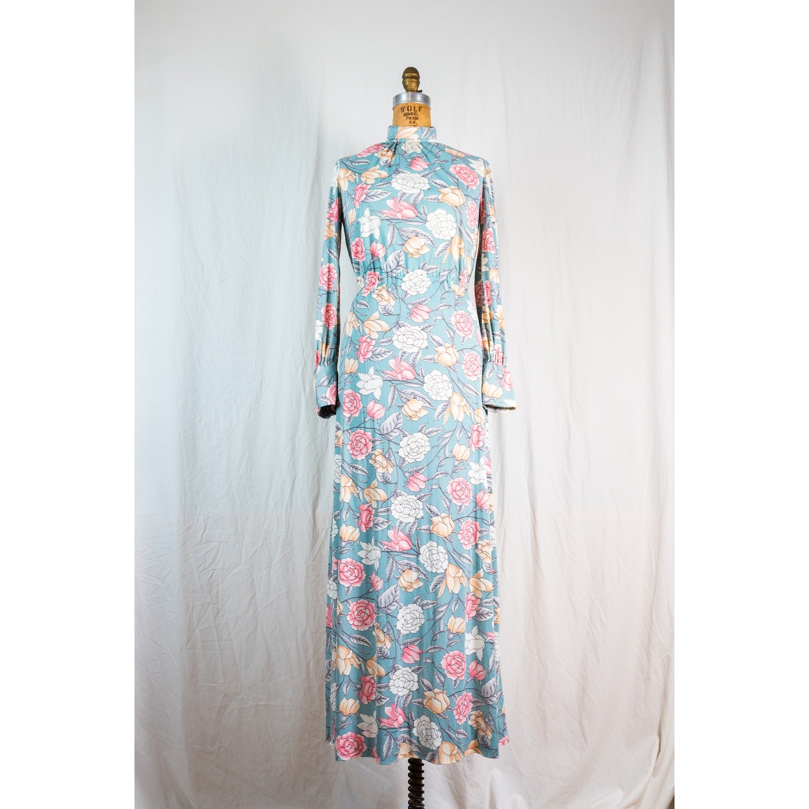 Vintage 70s Sage Green Floral Maxi Dress Romantic Boho Rose Long Sleeve Maxi, SM