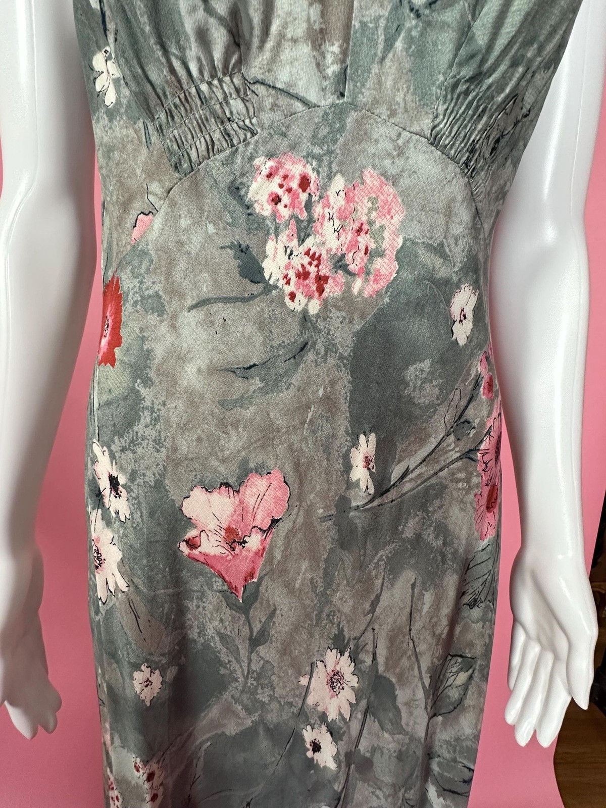 1990s-Y2K CAROLE LITTLE Ink & Watercolor Floral Print V Neck Maxi Slip Dress. SM