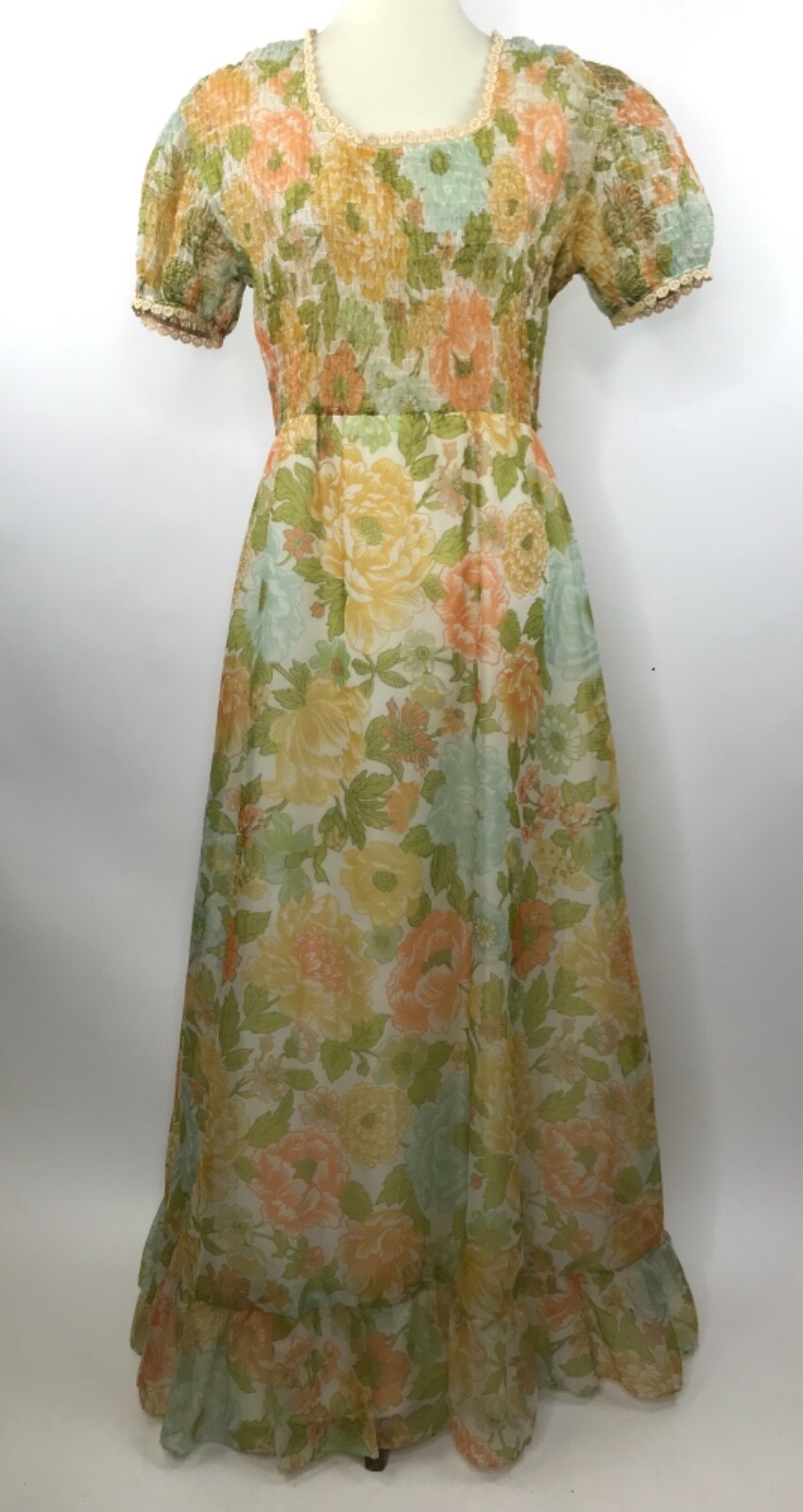 Vintage Maxi Dress Cottagecore Floral Ruffles Lace Trim Hippie BOHO Size 13?