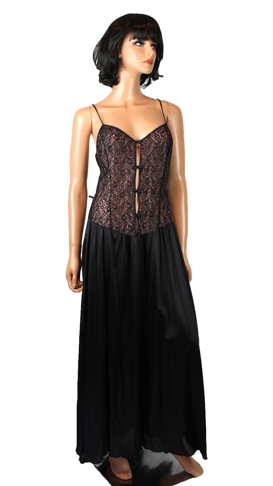 Vintage 70s Nightgown Sz M L Black Lace Illusion Pink Chiffon Long Sleeveless