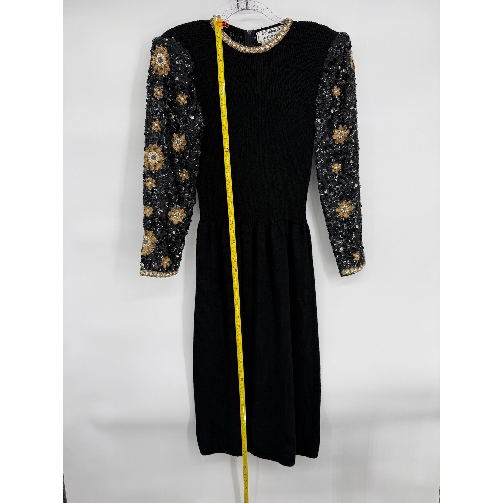 Pat Sandler Wellmore Vintage Wool Dress Black Gold Sequin Floral Beaded Sz 14