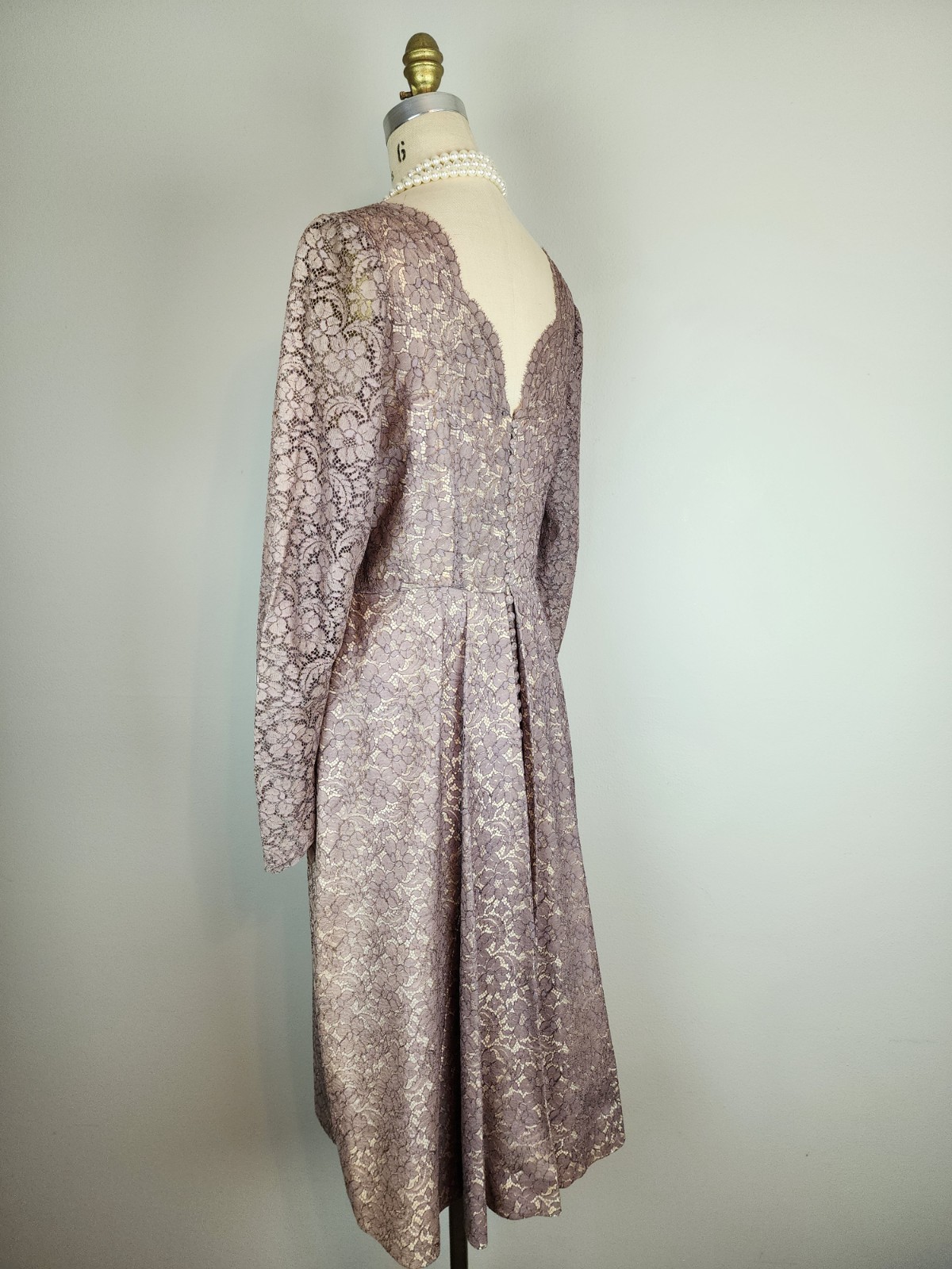 Vintage Late 1940’s Mauve Lace Over Champagne Satin Cocktail Dress with Godet