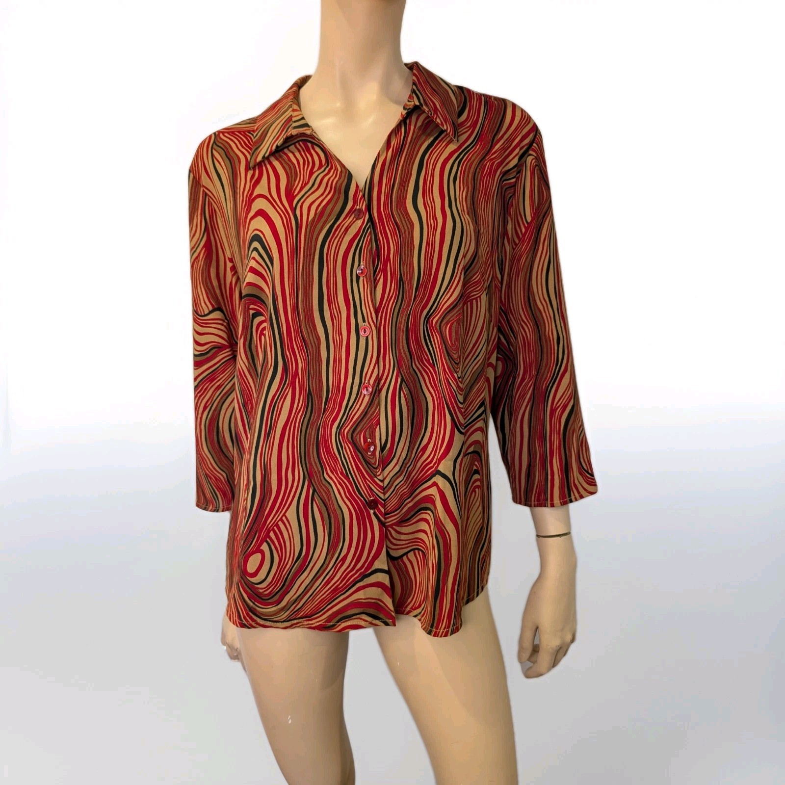 VTG Suzanne Grae Shirt Sz 16 Red Brown Psychedelic Swirl Y2K Abstract Blouse