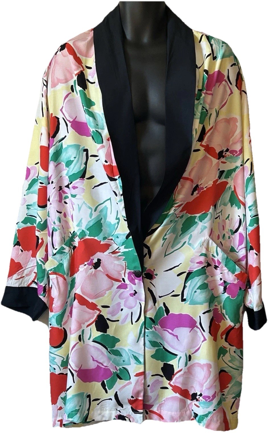 VTG 80’s Women’s Frangiano Floral Rayon Duster W/ Black Collar Cuffs New Wave