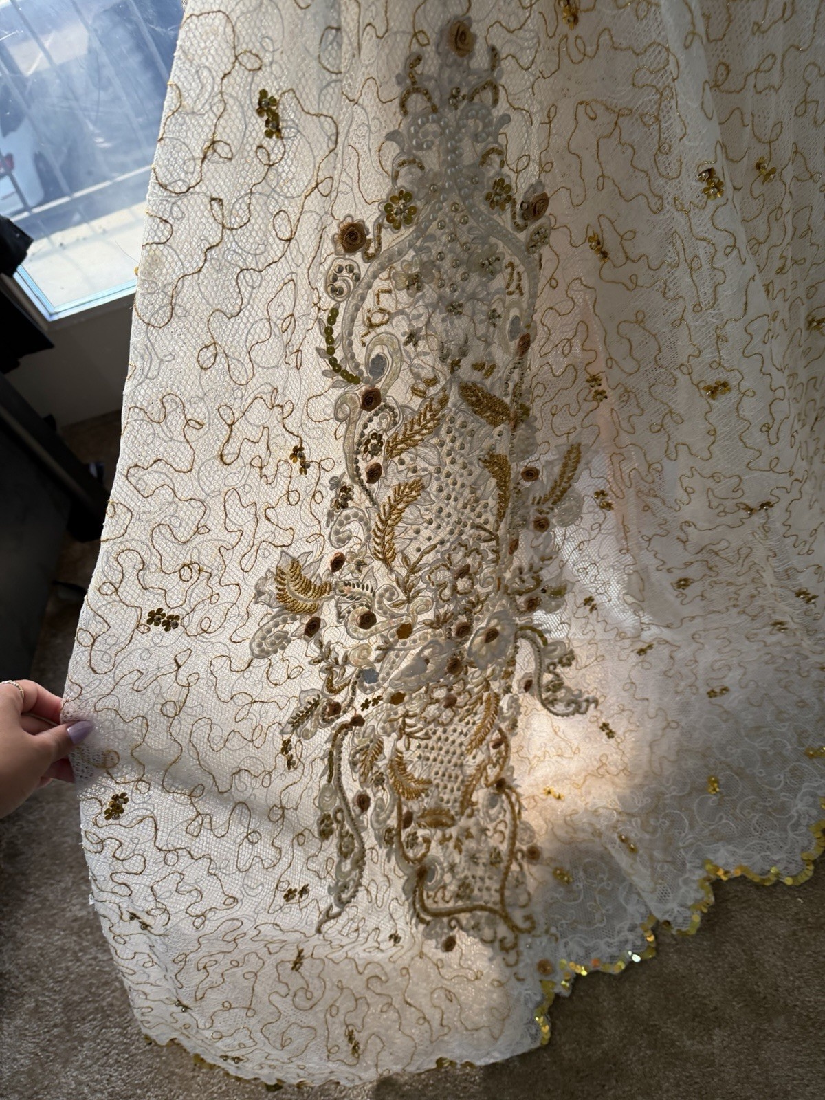 Vintage Ivory Gold Beaded Dress XS Formal Handmade Embellished Gow