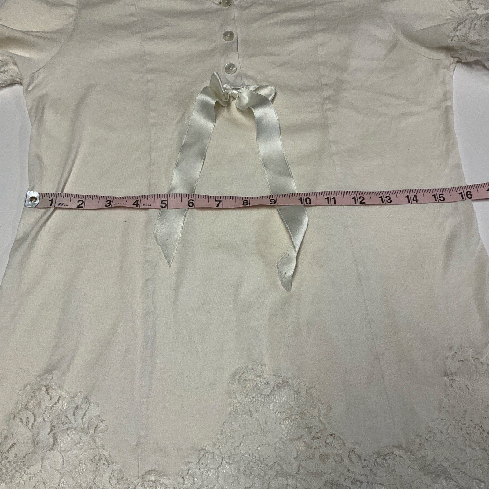 Vintage Dolce Lia Lace Trim Lingerie Top Ivory Short Sleeve L Satin Bow Italy