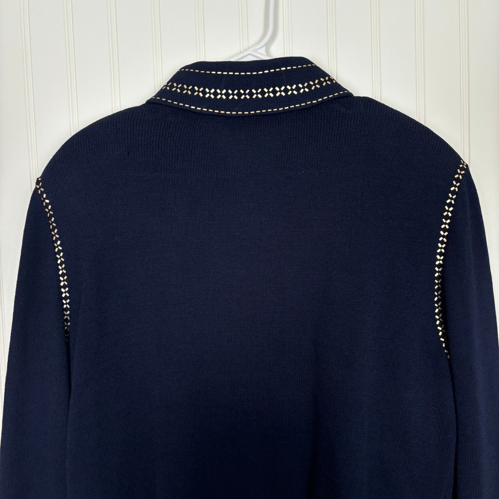 Vintage St. John Collection Knit Jacket Women 16 Navy Blue Gold Studded Zip Up