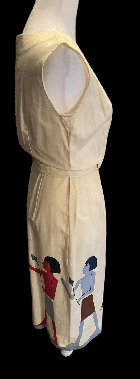 50s Vintage Cotton Dress A Line Sleeveless SZ S 4/6 Appliqué Chariot Egypt Art
