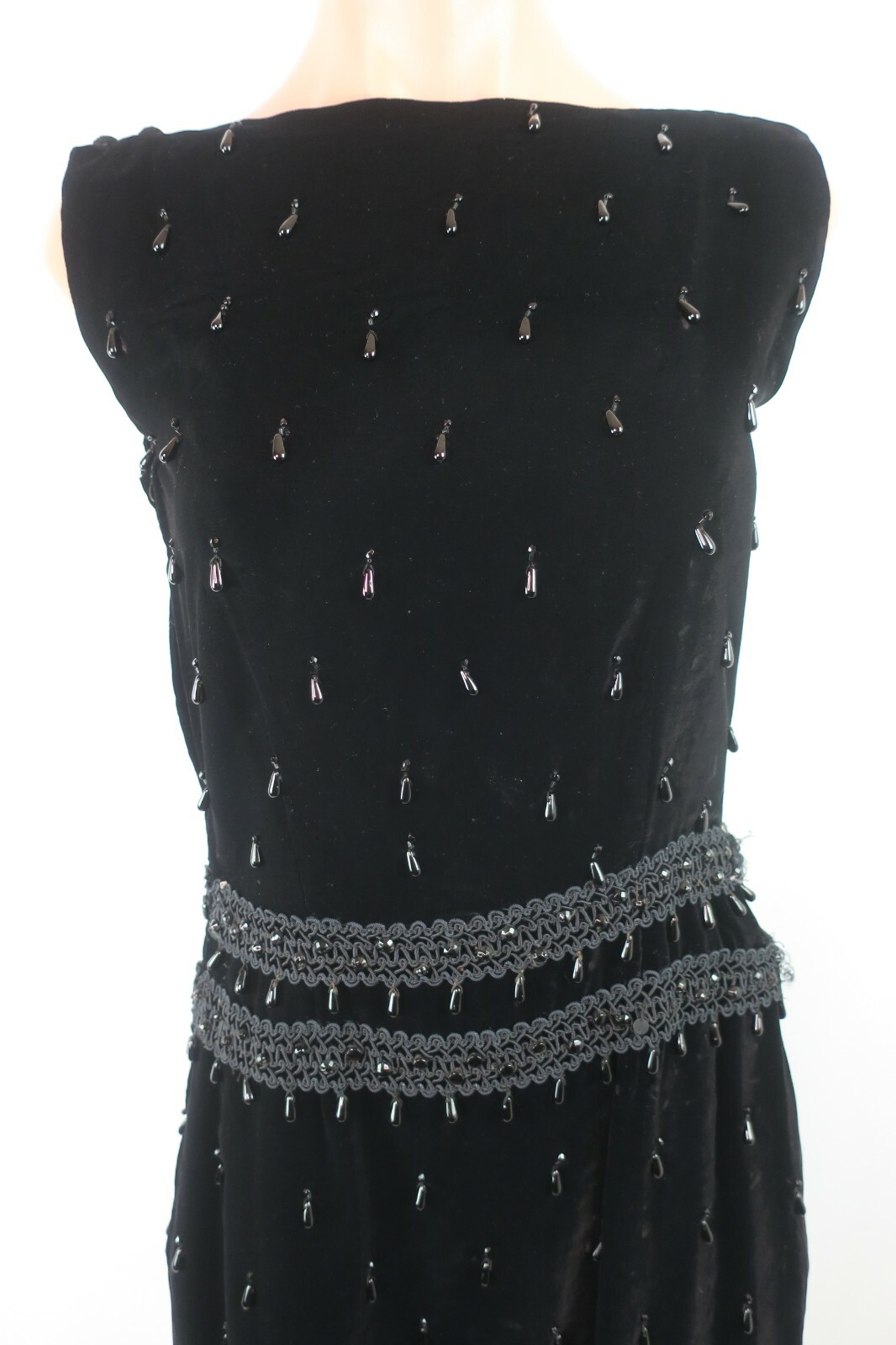 Vtg 70s 20s Flapper Tassel Sheath Gatsby Party Beaded Velvet Trophy Dress Sz S