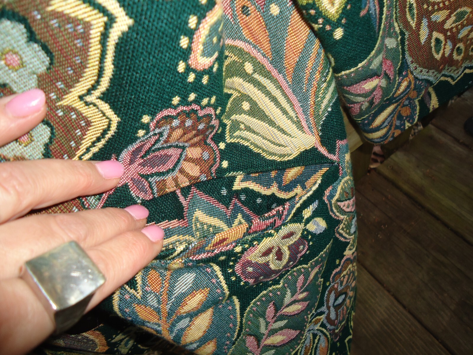 VTG Green Floral Tapestry Blazer Ascente 2X Shoulder Pads Pockets Granny Core