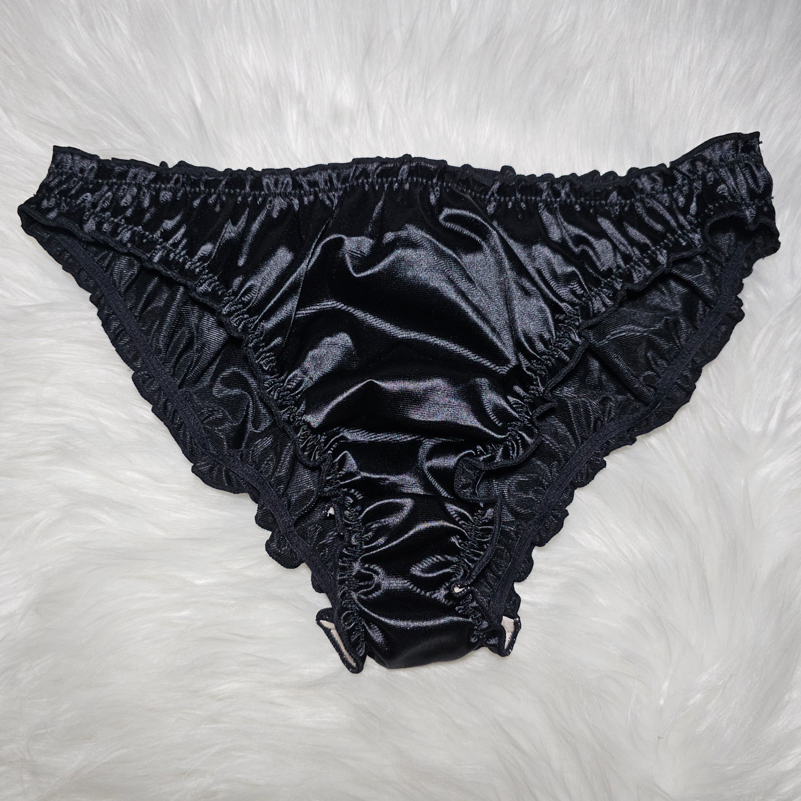 Glossy Nylon Satin Panty Liquid Black Bikini Sissy Ruffle Brief Sz. 8 Hip 40-44″