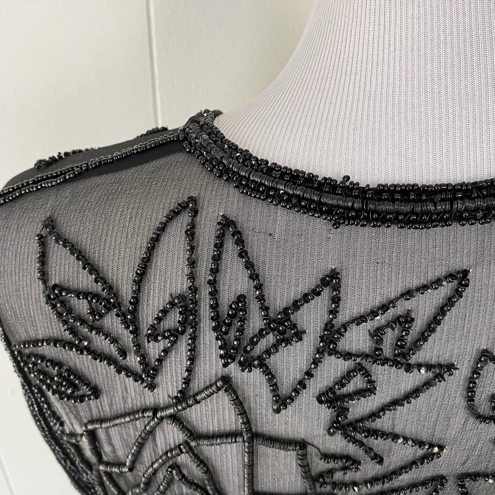 Sheer Black Beaded Duster Cardigan Whimsigoth Kimono Witchy Silk? OSFM 20″ PTP