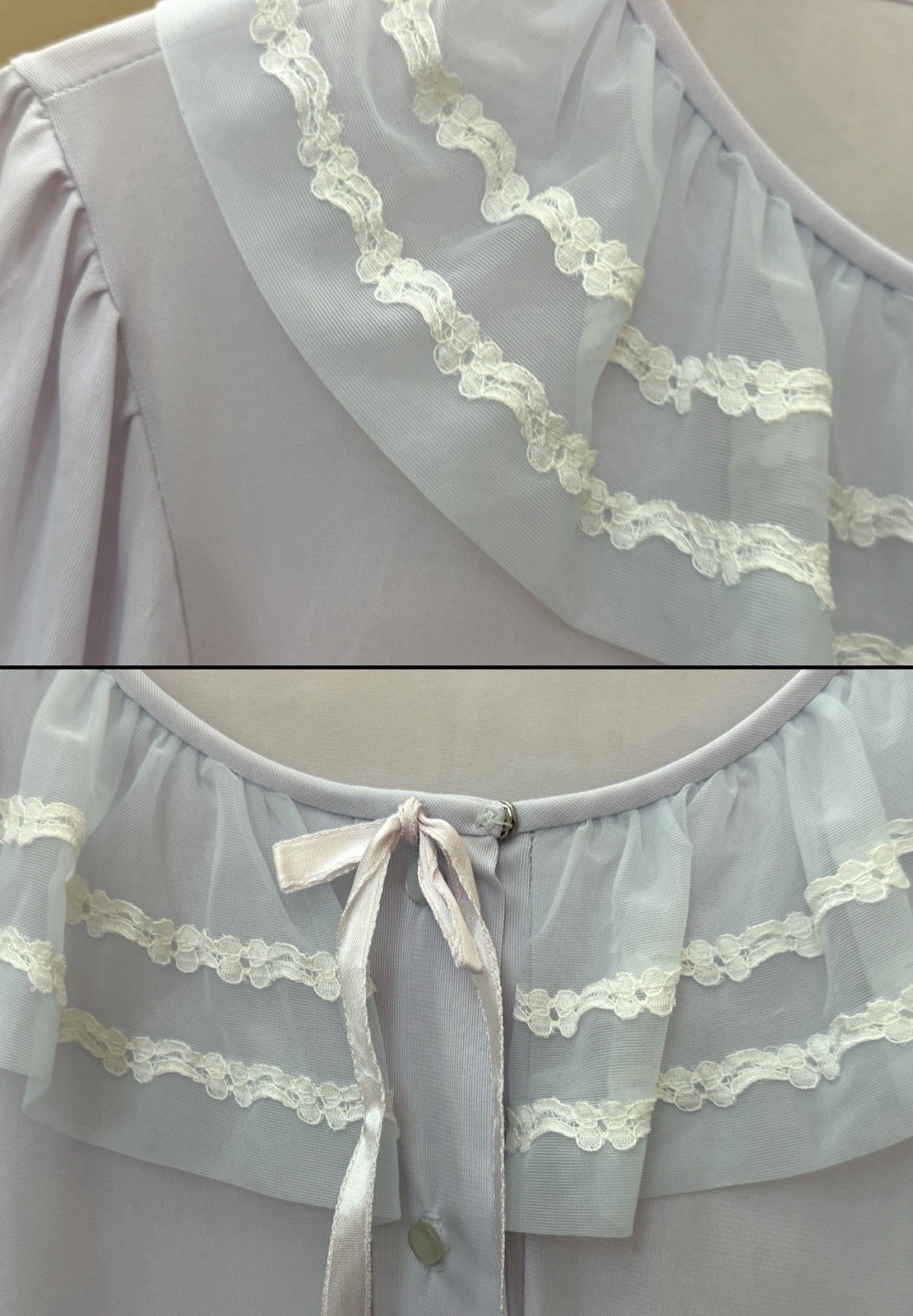 VTG 1950s MISS ELAINE Pale Lavender-Blue Pajama Top-BED JACKET PJ Sheer Lace M/L