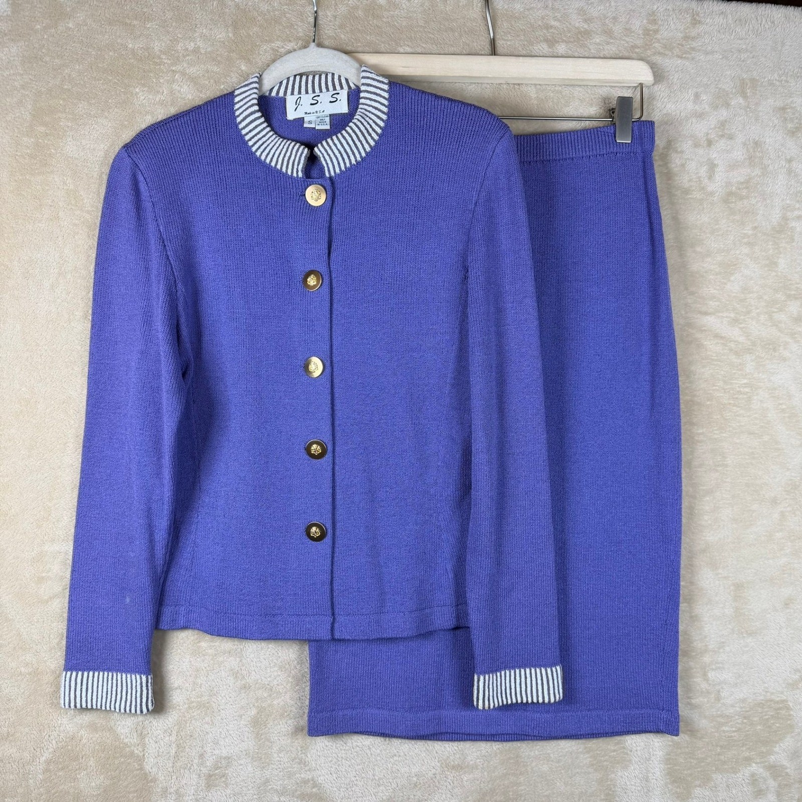 Vintage J.S.S. Purple Wool Blend Knit Skirt Suit Set Gold Crest Buttons Size S