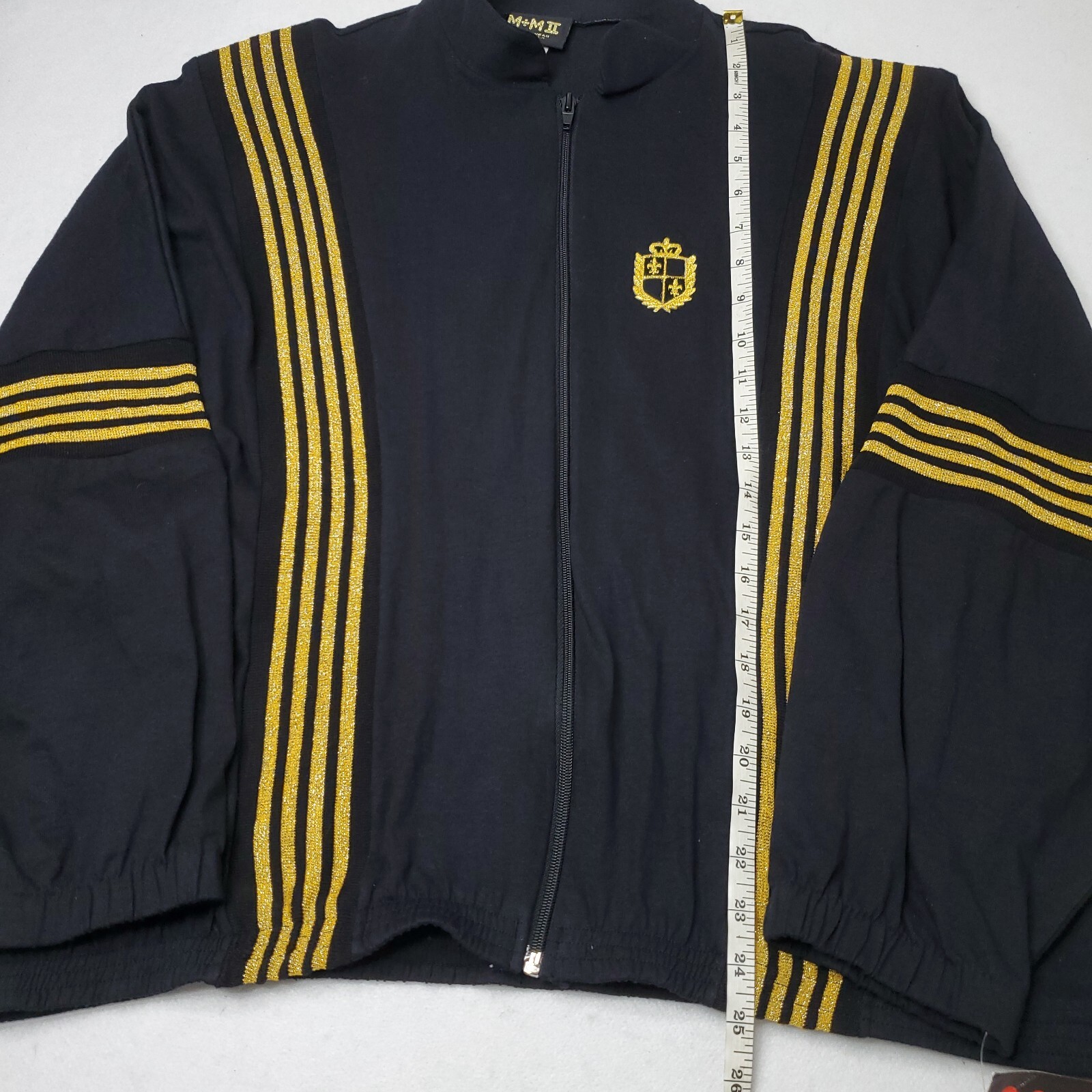 Vintage 80’s M+M Sportswear USA Zip Up Jacket Black Gold HipHop Dance Crest Logo