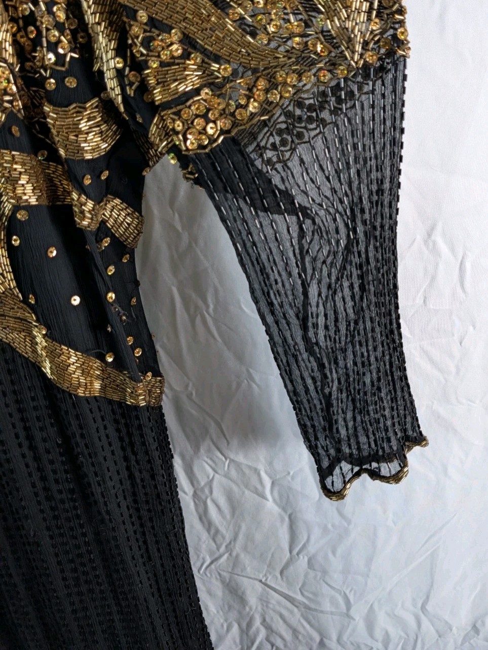 Vtg Landmark Silk Beaded Gown XL, Black Gold Sequin Maxi Dress, Flapper READ