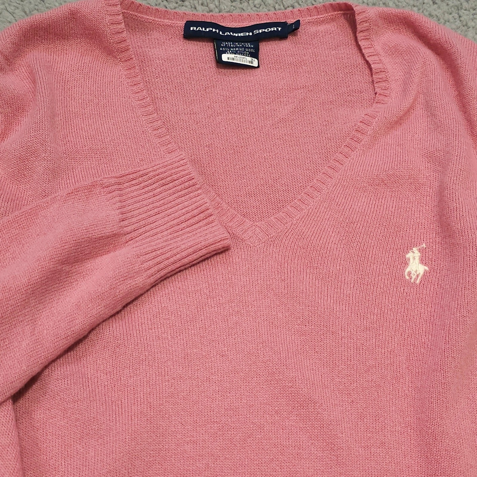 Ralph Lauren Sport Pink V-Neck Merino Wool Cashmere Blend Sweater Women’s Large