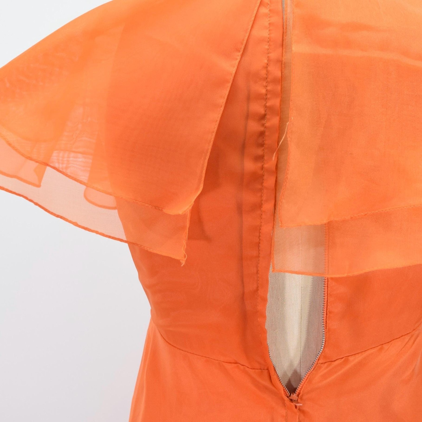 Vintage 70s Gown 2 Orange Sheer Organza Empire Waist Cape Sleeve Glam Formal
