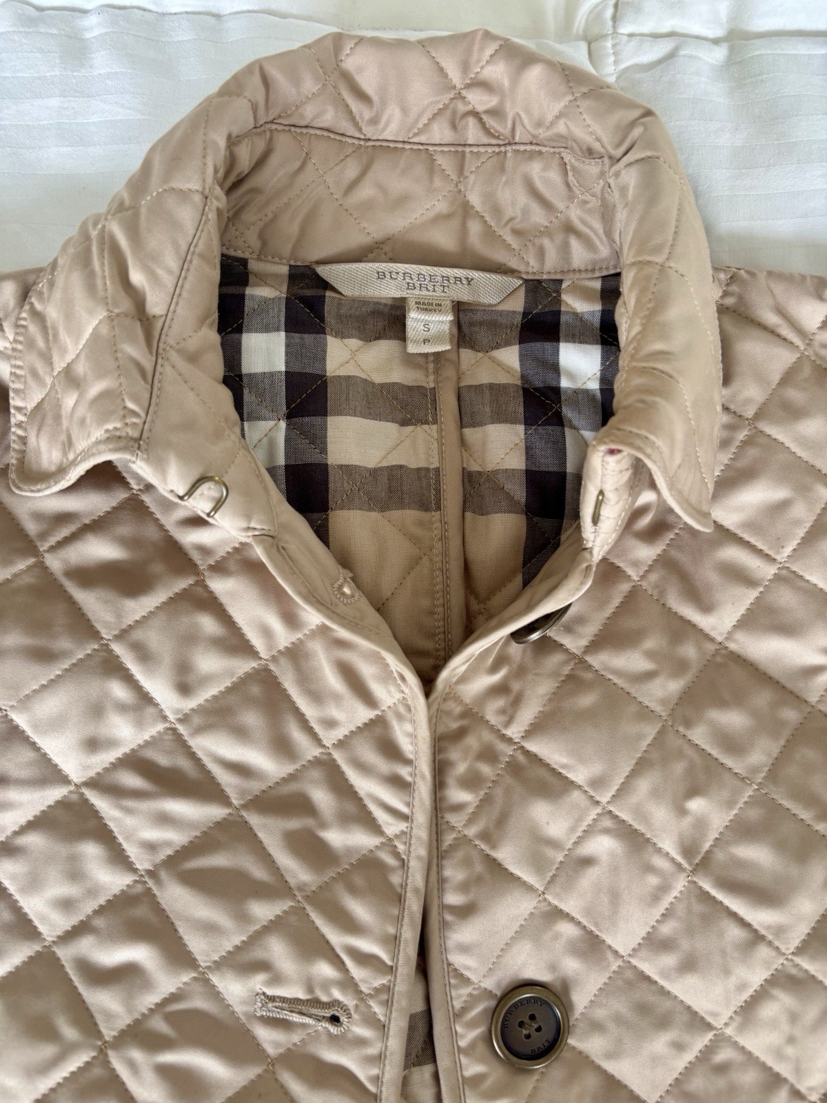 Burberry Brit Tan Quilted Jacket Size PS Vintage Plaid Logo on Buttons