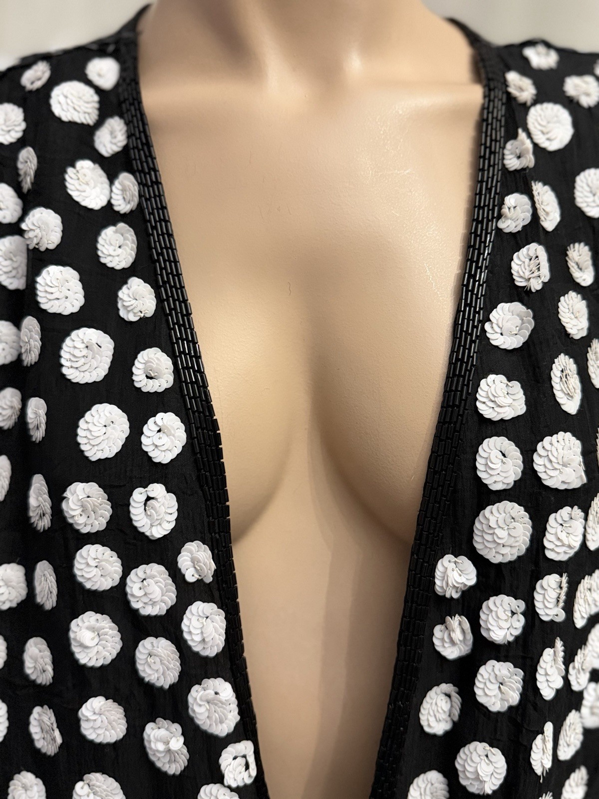Vtg Judith Ann Creations 100% Silk Beaded Sequin Jacket Black White Polka Dot M