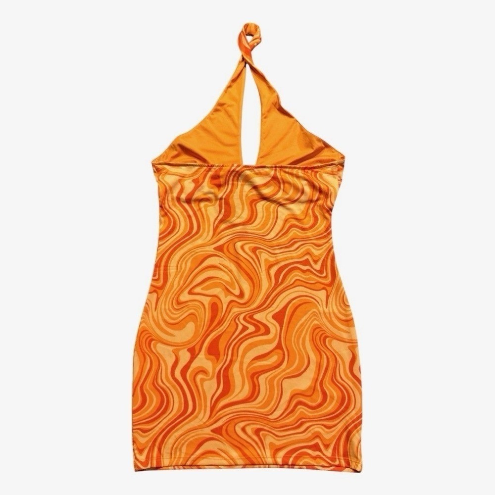 NWT H&M Retro Orange Swirl Halterneck Mini Dress Size M Party Rave Costume Women
