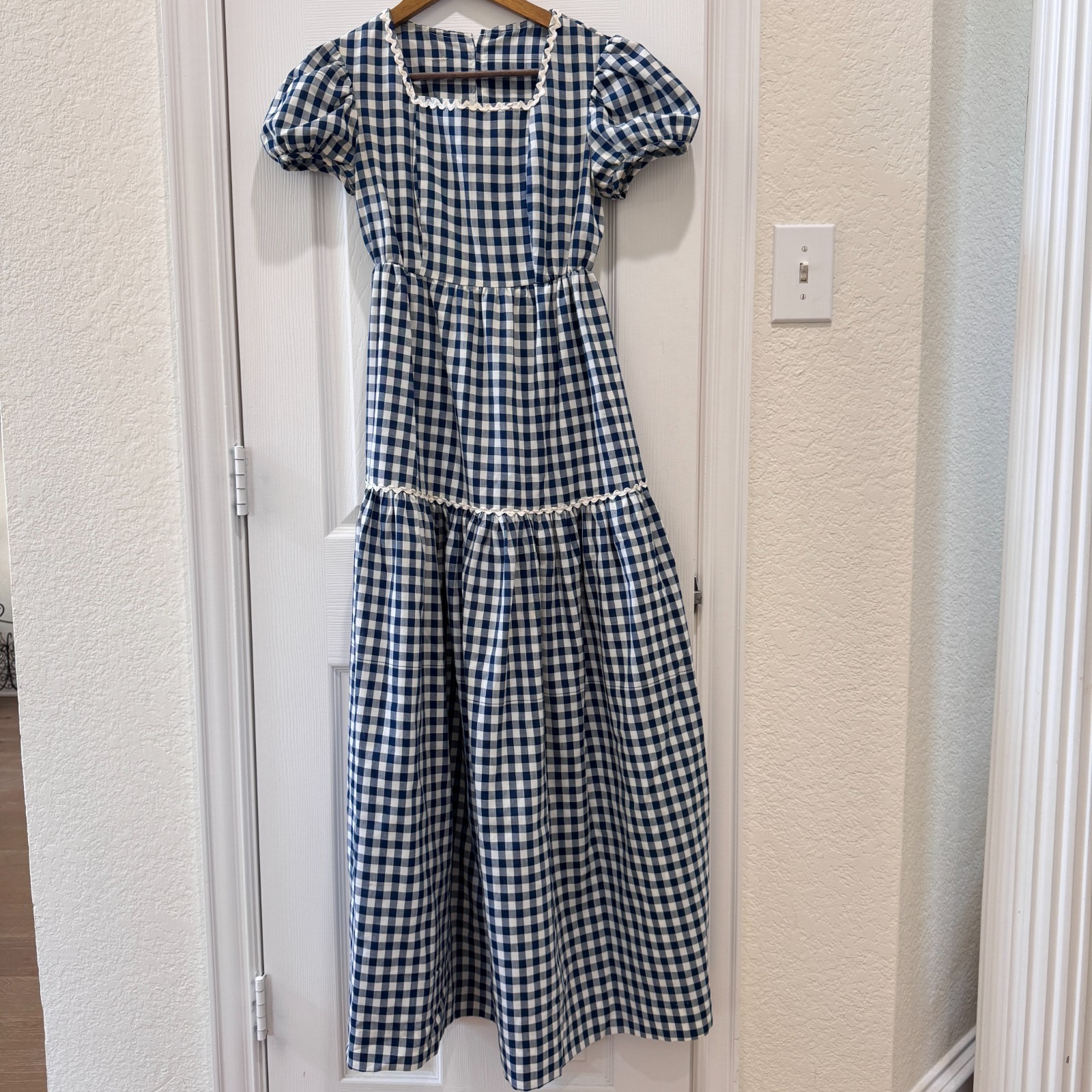 Vintage Handmade Blue White Gingham Prairie Maxi Dress Puff Sleeve XS 70s Style