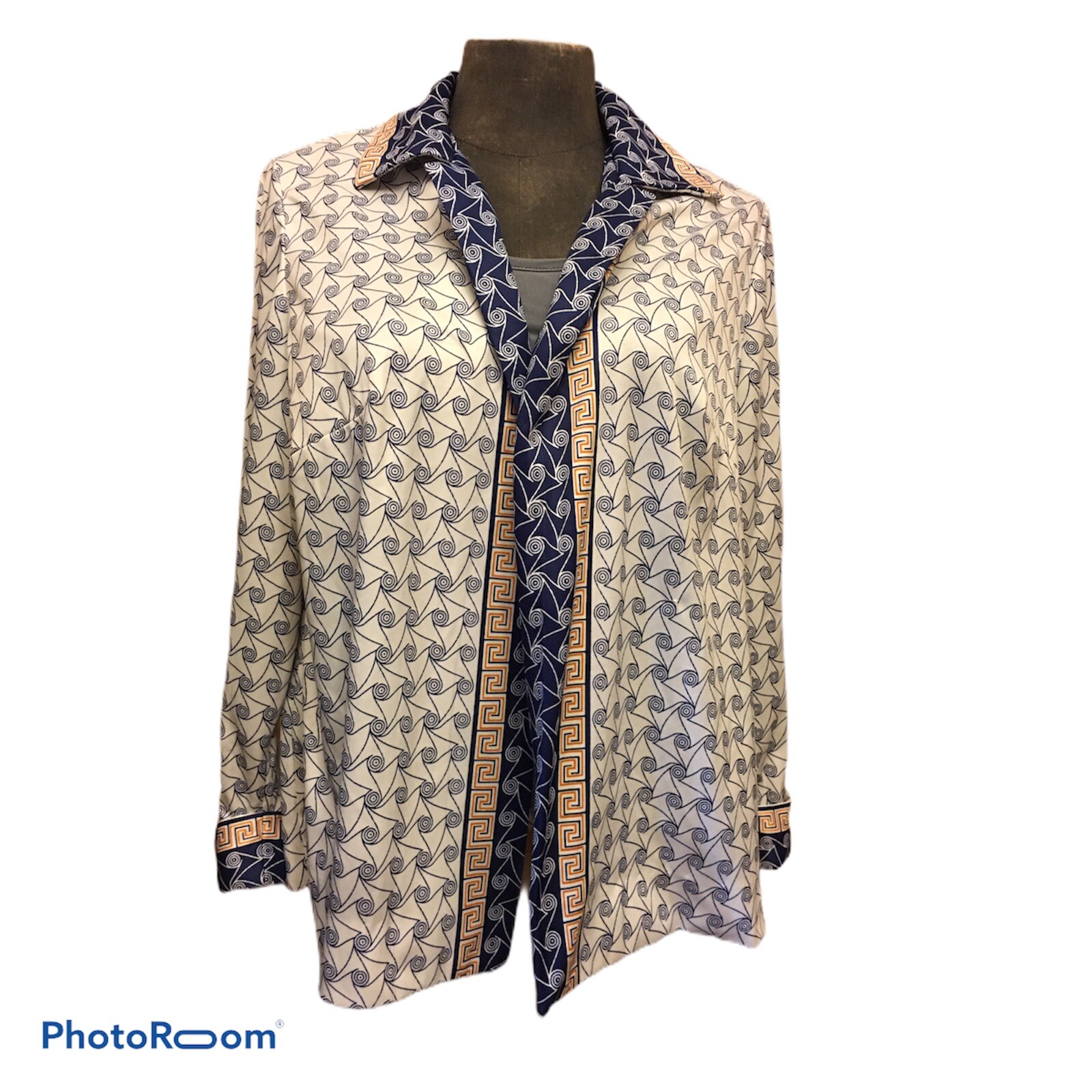 Vtg 70s Leslie Pomer Mod poly Groovy L Jacket Abstract Geometric White Blue