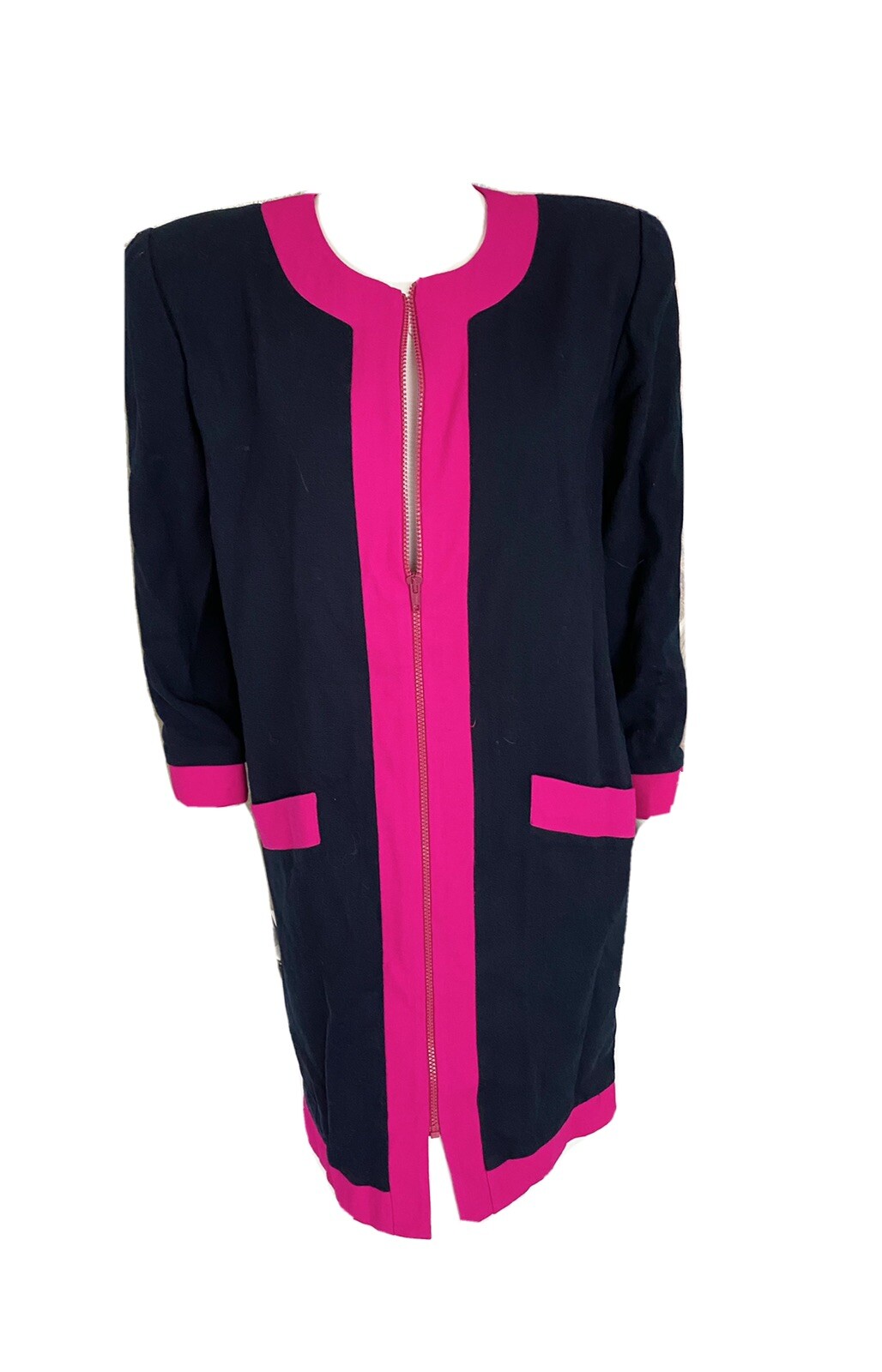 Vintage Henri Bendel Neon Pink Blue Wool Shift Zippered Pocketed Dress Size 8