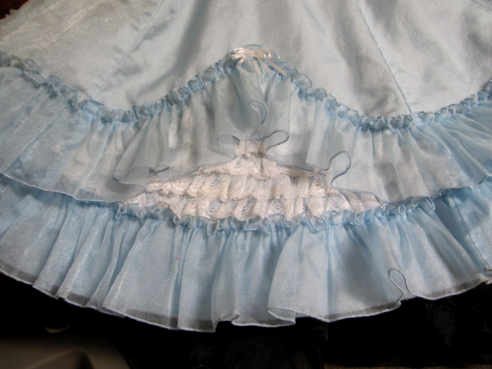 Vtg SQUARE DANCE PRAIRIE DRESS Blue Organza Ruffles Rows of White Lace Sz 12/14