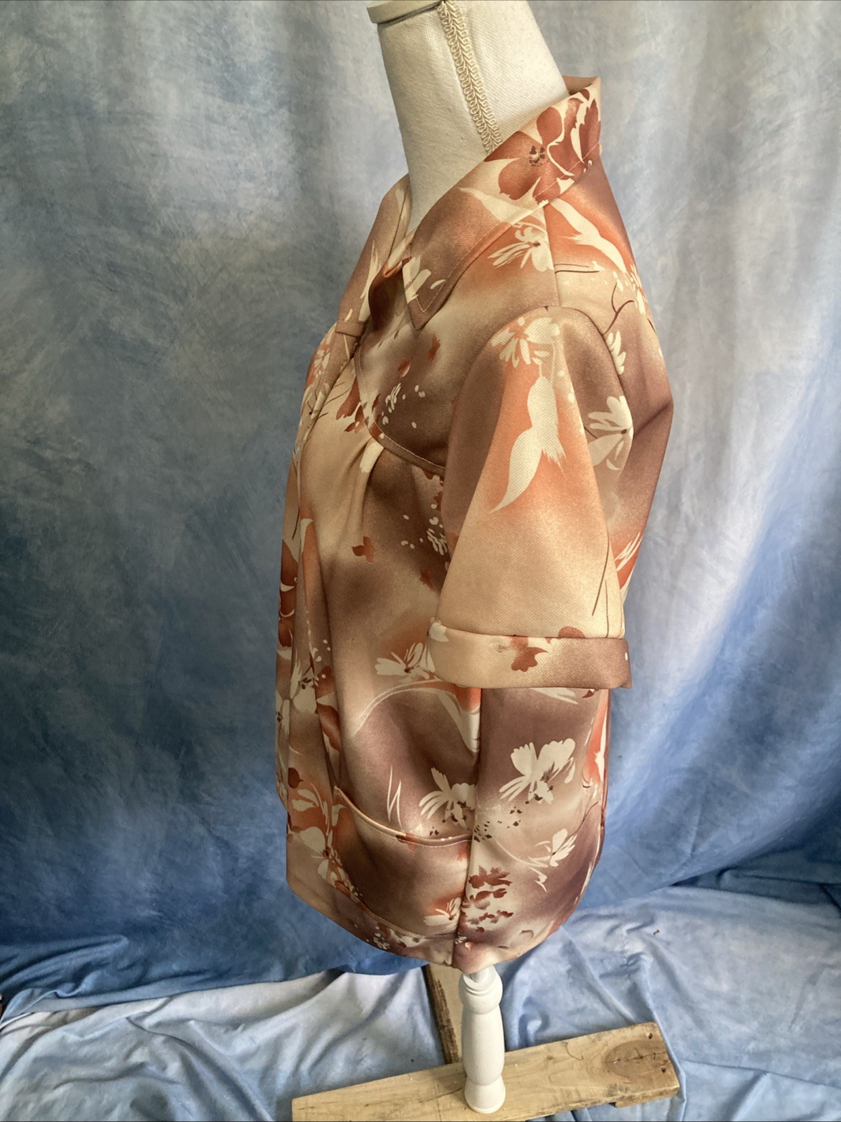 VTG 1970s Spoolworks Peach Floral Smock Tunic Shirt Utility Pockets S USA Retro
