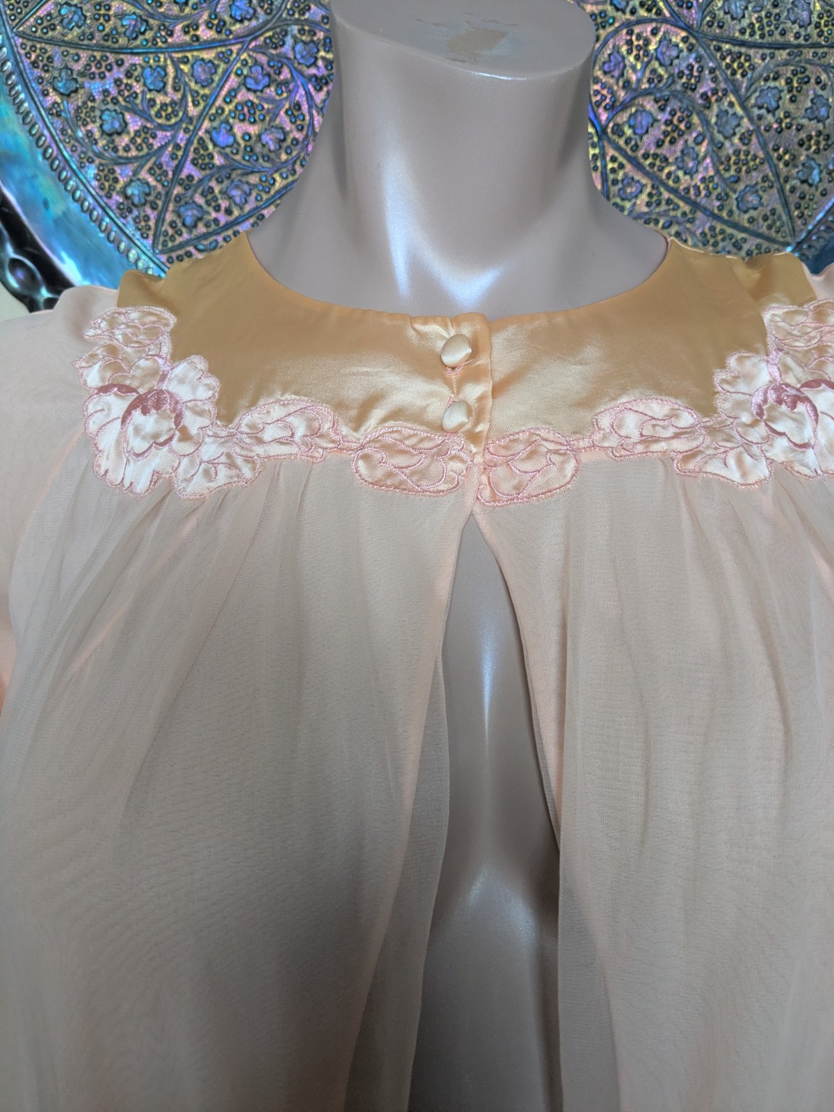 Vtg 1960s GOSSARD ARTEMIS Peach Nylon Chiffon Peignoir Long Nightgown Robe