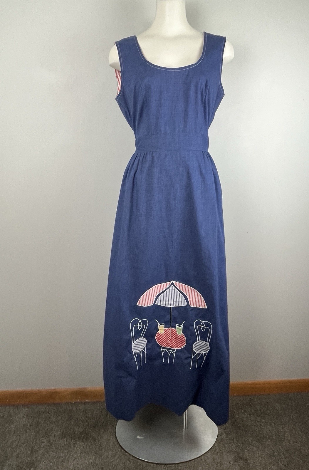 Vintage 1970s Wrap Maxi Dress Concept Swirl Sundress Blue Umbrella Applique S/M