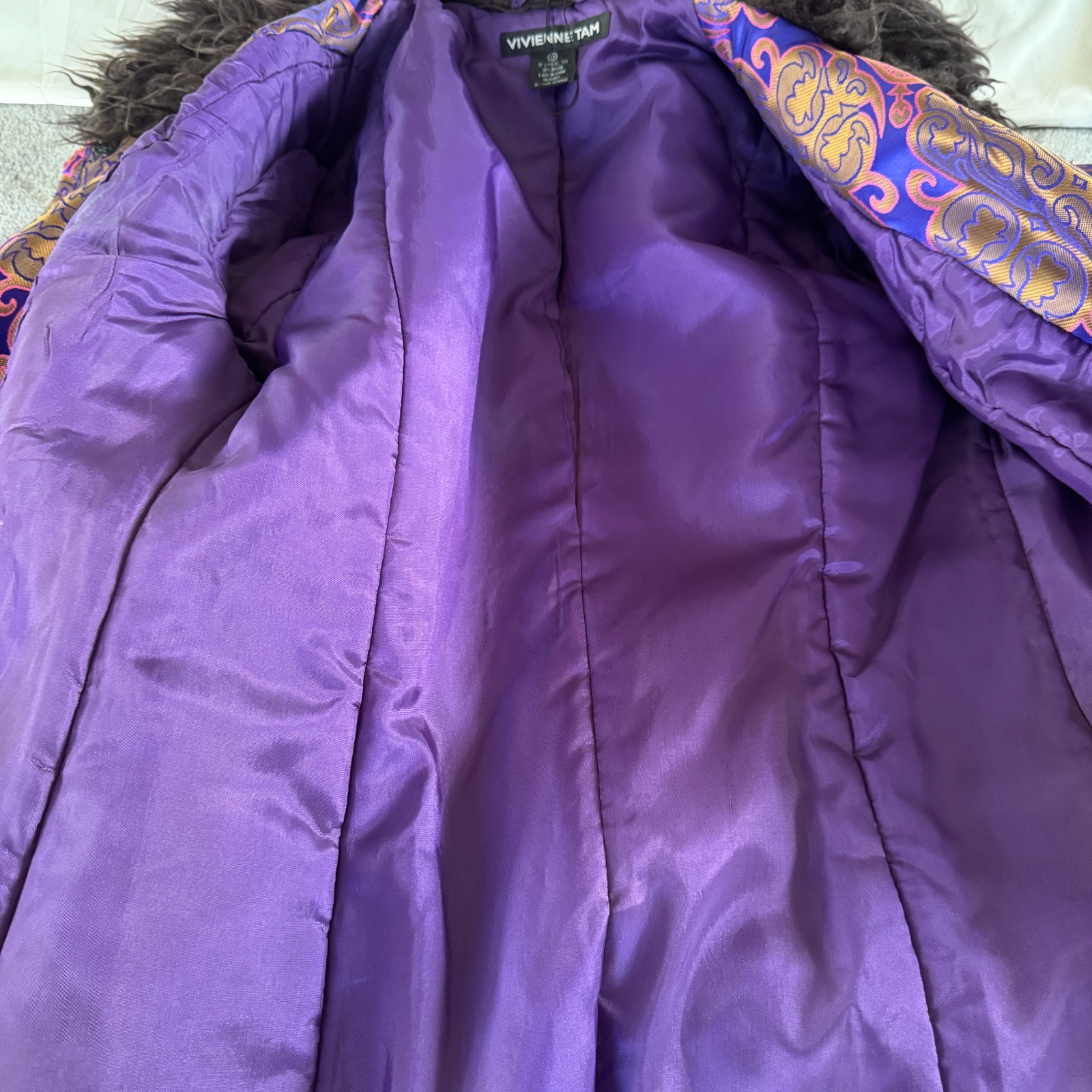 90s vtg VIVIENNE TAM Purple Gold IRIDESCENT Brocade Rave Penny Lane Fur Coat Y2K