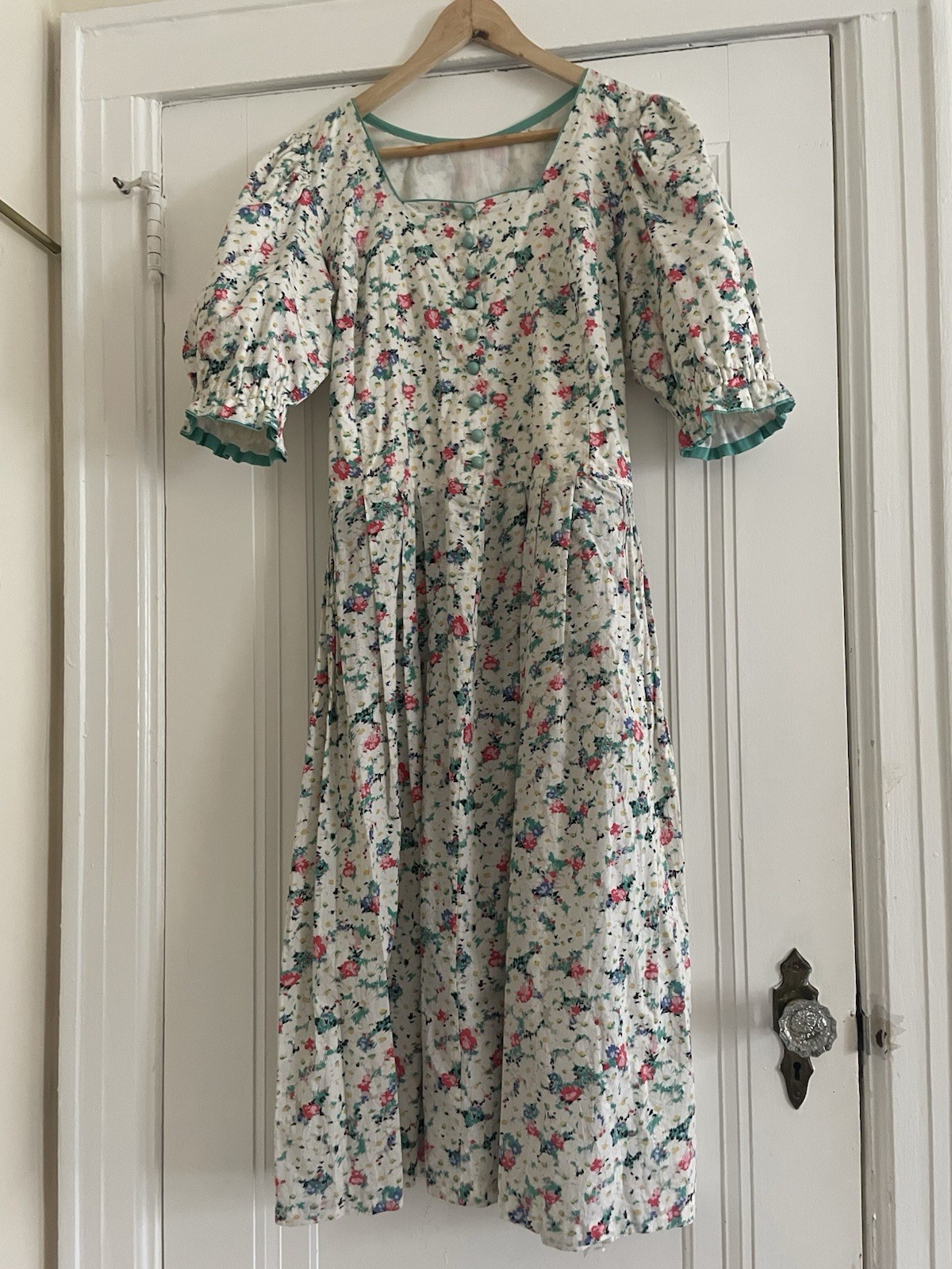 Vintage Floral Square Neck Balloon Short Sleeve Midi Homemade Day Dress S/M