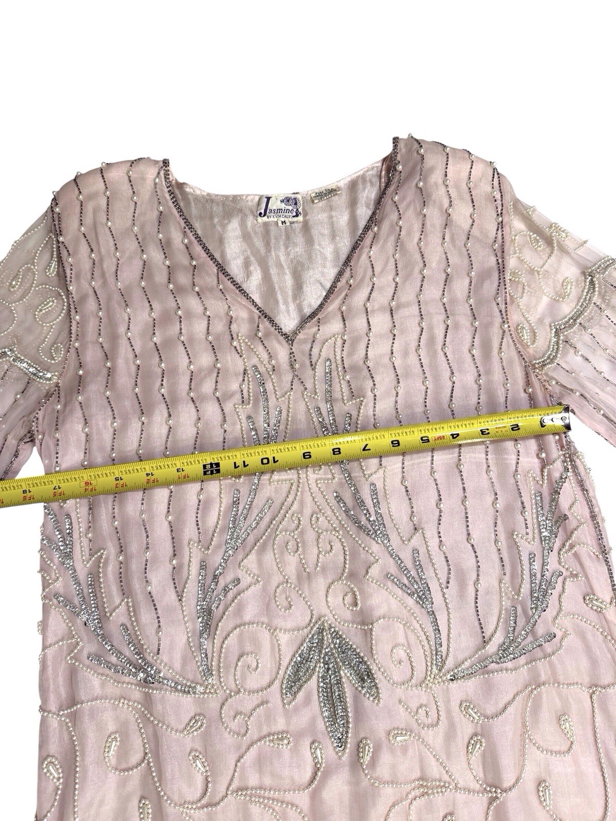 Vintage Jasmine by KVM 100 % silk pearl Beaded & sequined Blush Pink Dress sz M