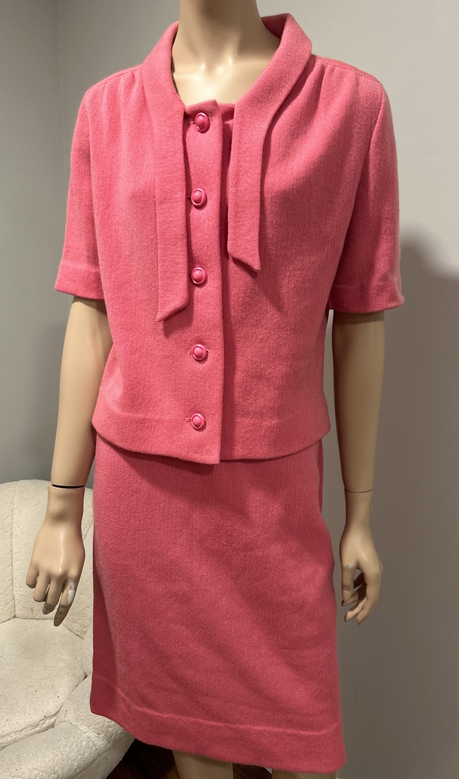 Vintage 50s 60s Womens 2 Piece Set Shirt Top Atomic Retro Skirt Wool Pink