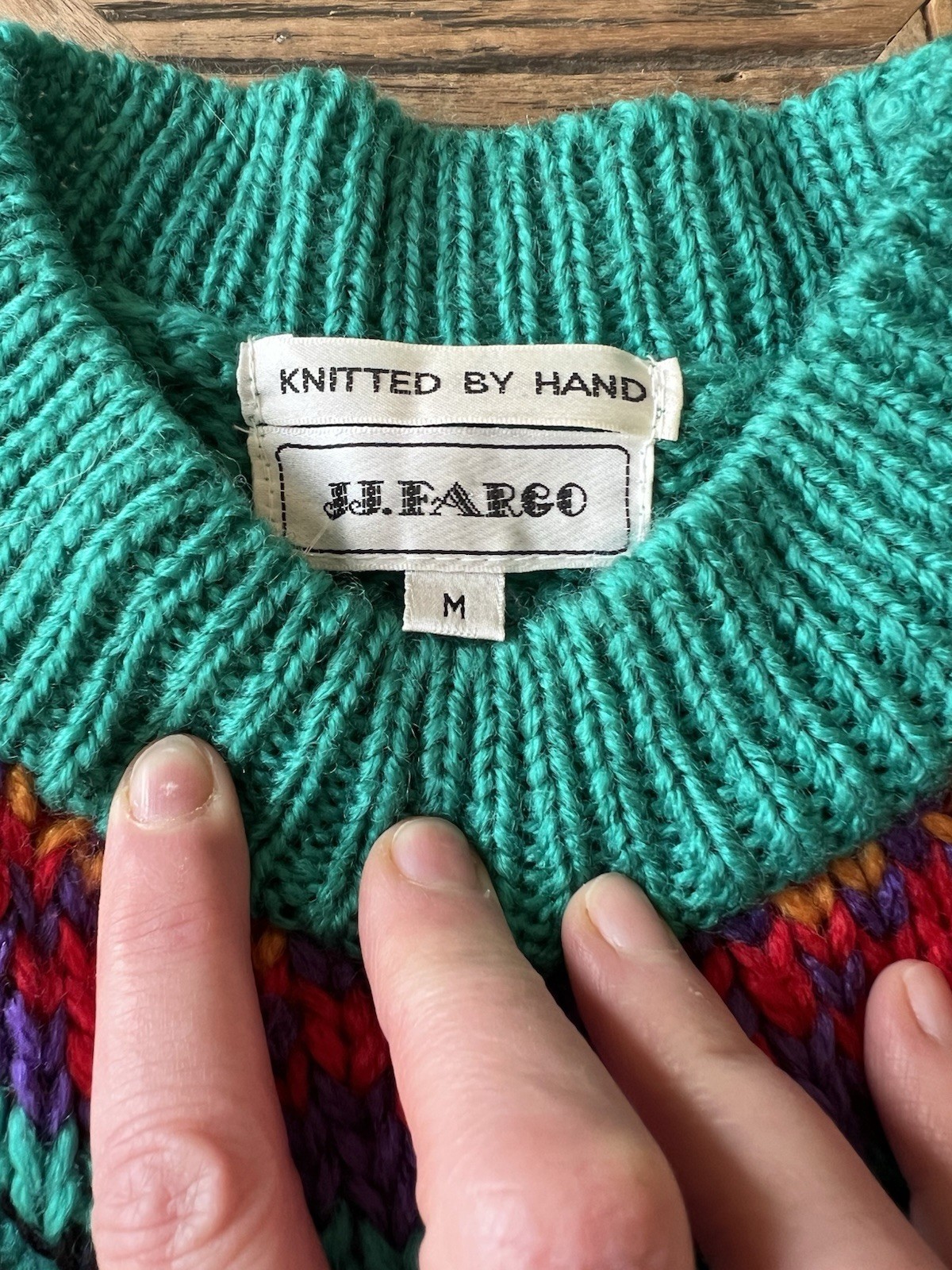 Vintage 1980s/90s JJ Fargo Hand-Knit Wool Sweater – Turquoise & Geometric Size M