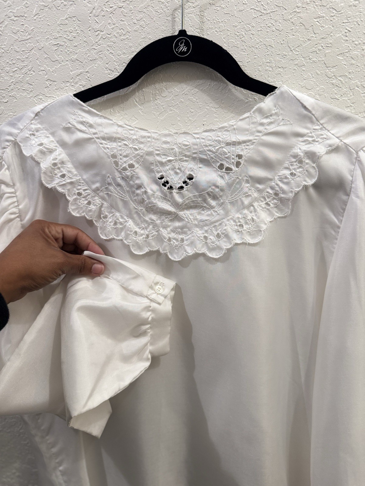 Vintage 1970s White Lace Collar Puff Sleeve Blouse Cottagecore Boho 16