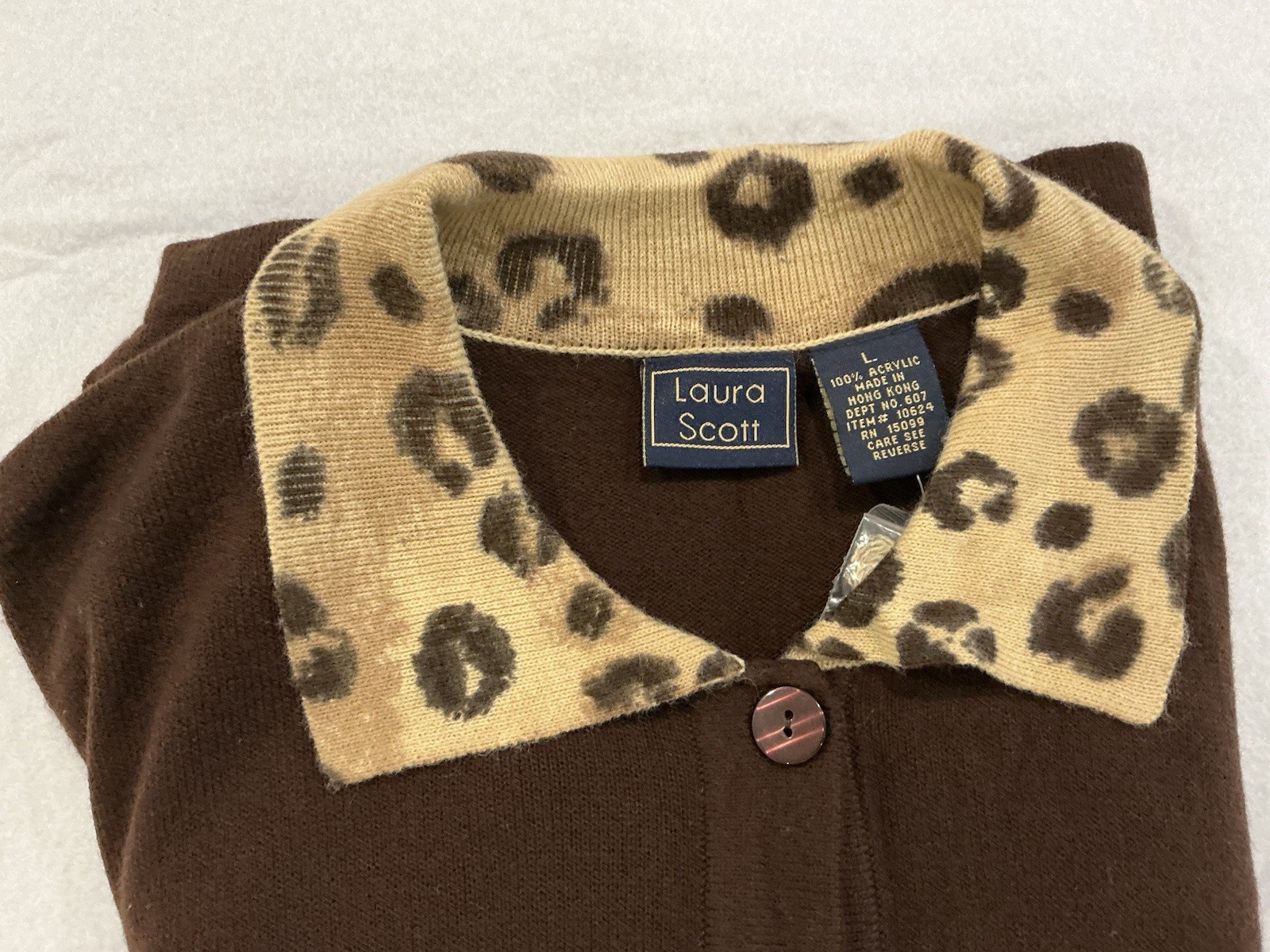 Y2K Sweater Cardigan Women’s Large NWT Brown Leopard Collar Rare Long